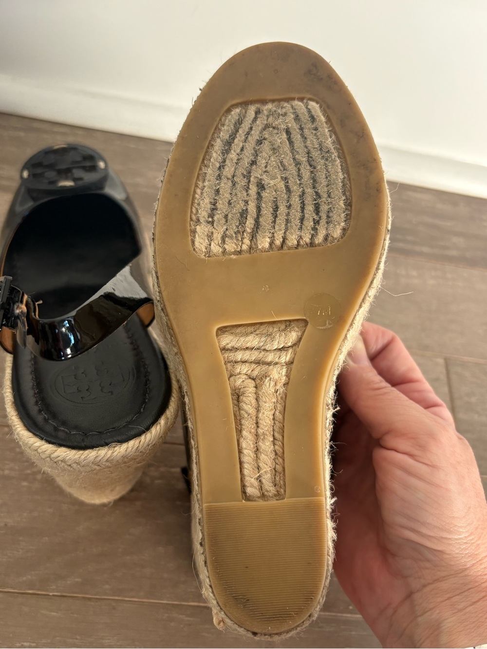 Tory Burch Black Patent Espadrille Wedge Slingbacks - Picture 5 of 8
